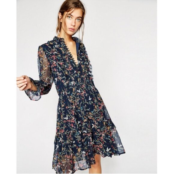 💕THE KOOPLES💕 Blue Bird Print Dress ~ Floral Long Sleeve 100% Silk Crepe Small - Picture 1 of 16